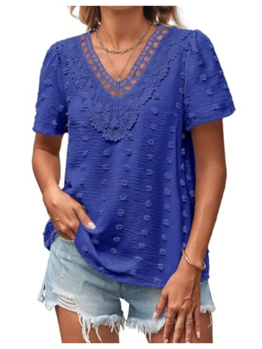Boho Swiss Dot Blouse Short Sleeve V-Neck Flowy Tunic